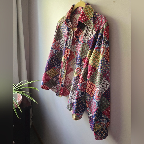 VTG 1970s Multi-Pattern Patchwork Button Down Shirt - Size Med-Large - Picture 3 of 13